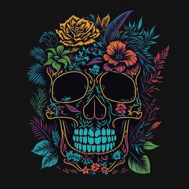 Colorful skull decorated with flowers