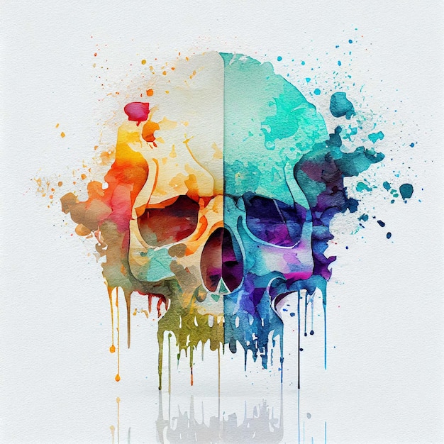 Colorful skull Double exposure watercolor skeleton head Halloween concept Generative AI