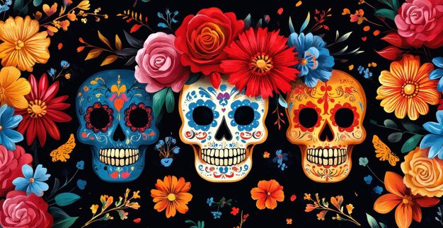 a colorful skull and flowers are displayed on a black cloth