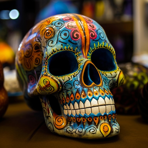 A colorful skull is on display with other items on the table Mexican colorful skull Cinco de mayo