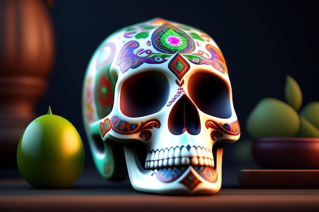 A colorful skull sits on a table with a green apple in the background.