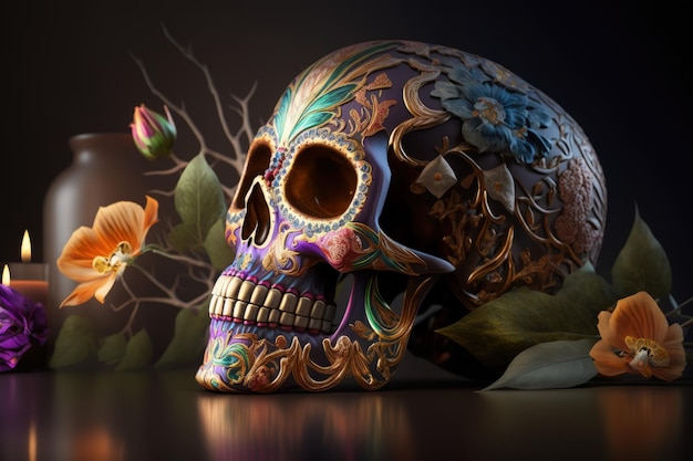 A colorful skull sitting next to a vase with flowers generative AI