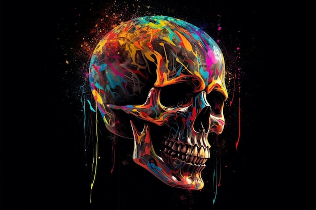 A colorful skull with a black background and a black background