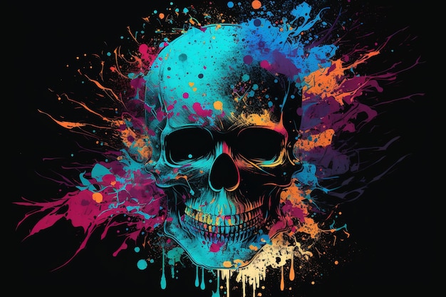 A colorful skull with a black background and the word skull on it.