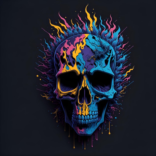 A colorful skull with a black background and a yellow flame design.