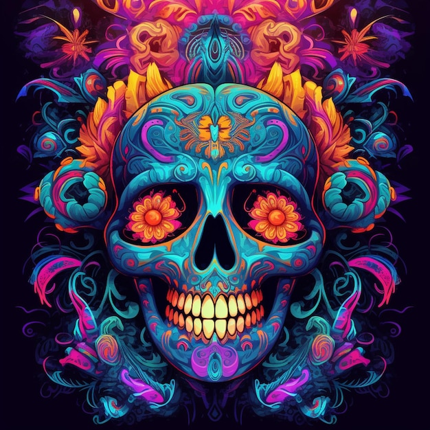 a colorful skull with a crown of flowers and leaves generative ai