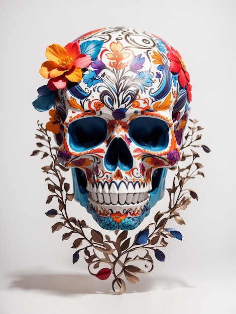 A colorful skull with a floral design on a white background