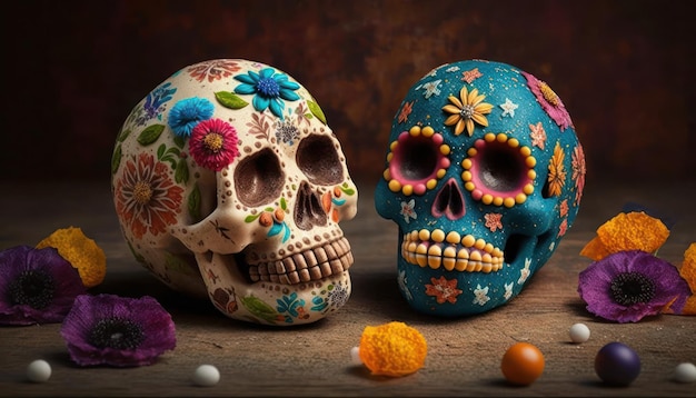 A colorful skull with flowers on it and a bunch of colorful balls on the table.