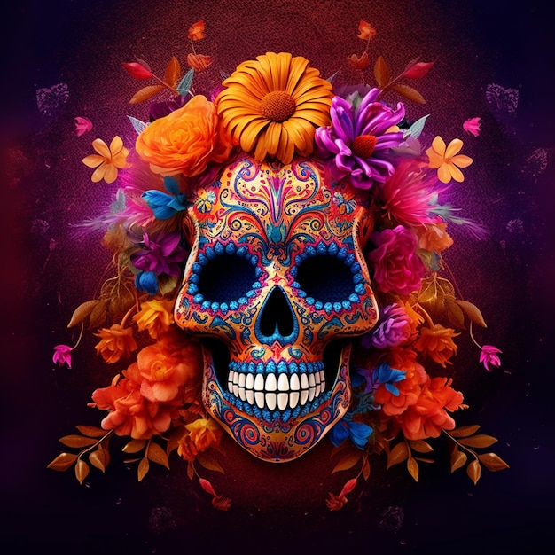 A colorful skull with flowers on it