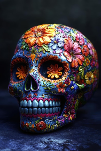 Photo a colorful skull with flowers painted on it sits on a table