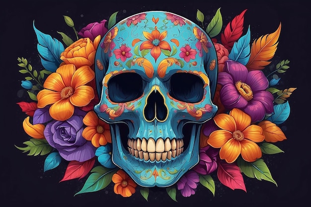 A colorful skull with flowers and a skull on it