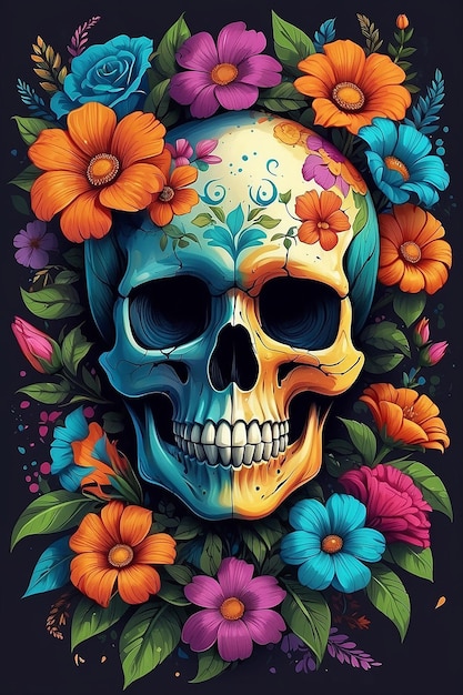 A colorful skull with flowers and a skull on it