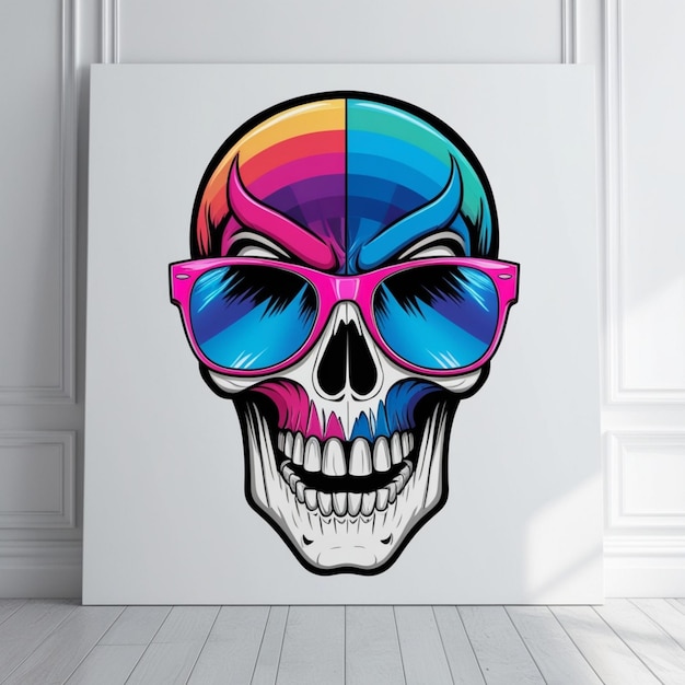 Photo a colorful skull with sunglasses on it is framed in a white board