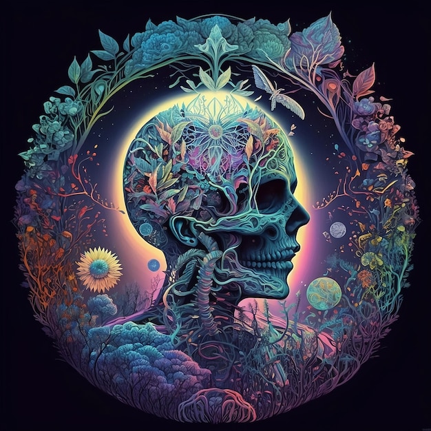 A colorful skull with a tree on the top