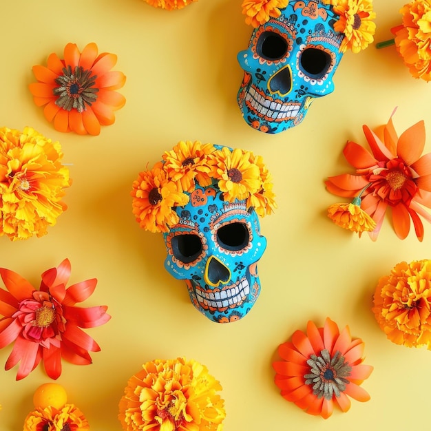 Colorful Skulls and Marigolds