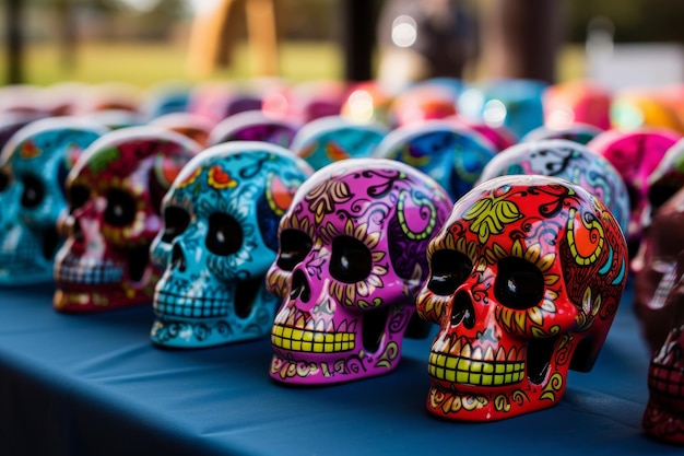 Photo colorful skulls of various sizes on a table at a mexican day of the dead festival