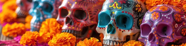 Photo colorful skulls with intricate designs for dia de los muertos