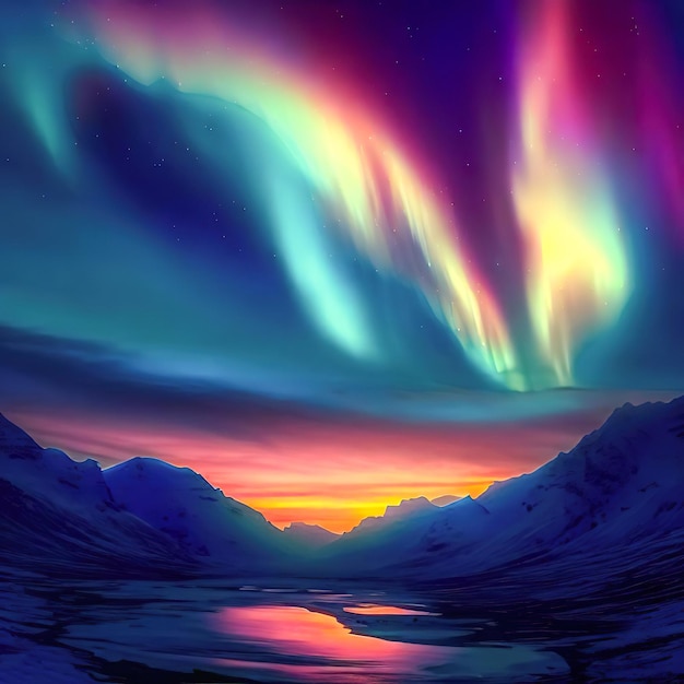 A colorful sky with the aurora borealis above it