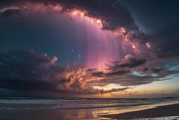 a colorful sky with the aurora borealis visible above the ocean