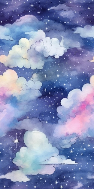 A colorful sky with clouds and stars.