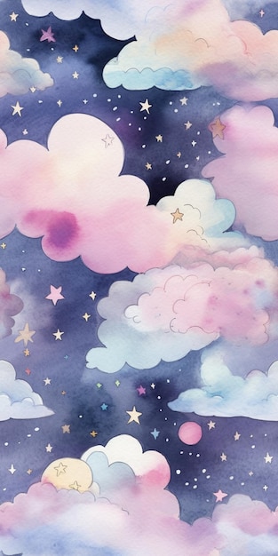 A colorful sky with clouds and stars