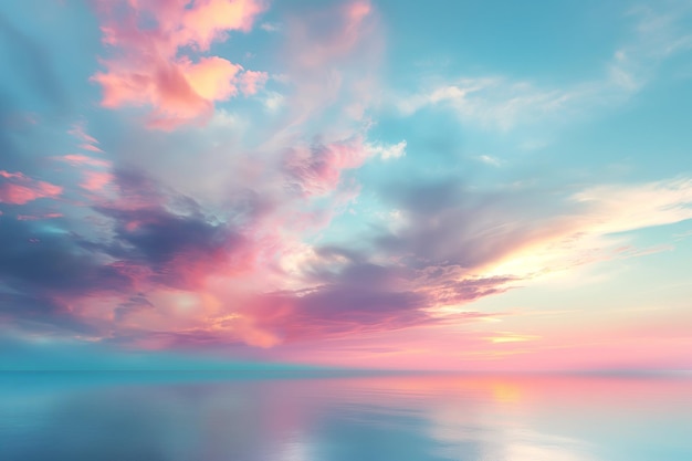 a colorful sky with clouds and the sun reflecting on the water