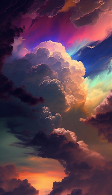 A colorful sky with a rainbow in the clouds