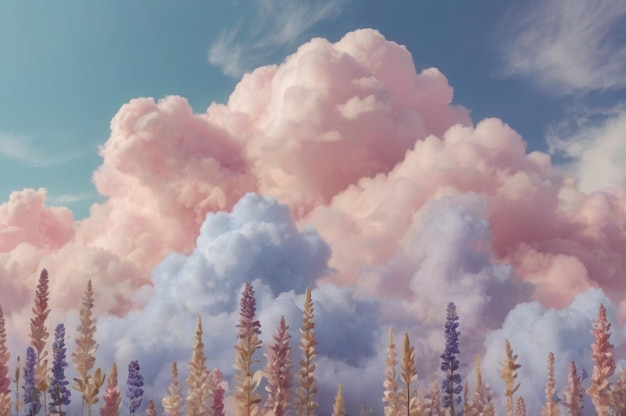 Photo a colorful sky with some clouds and lavender in pastel theme