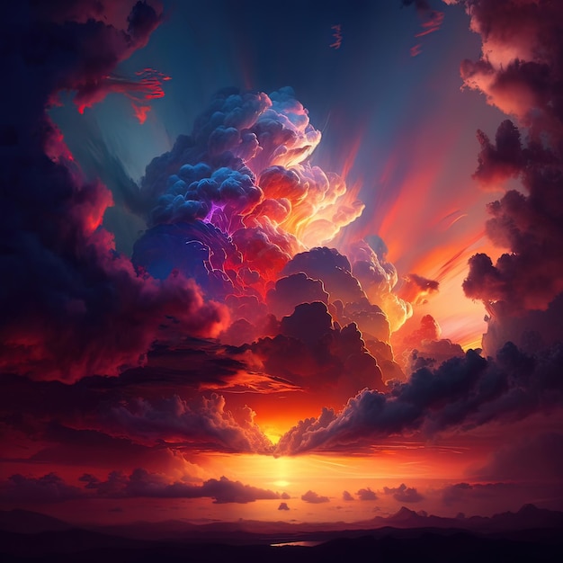 A colorful sky with a sun setting behind it