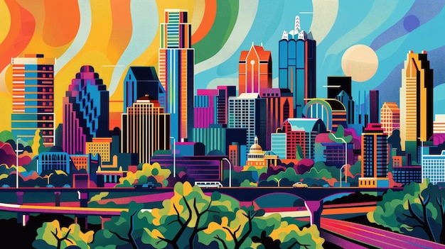 Photo colorful skyline of austin with vibrant architectural details and lush greenery in the foreground