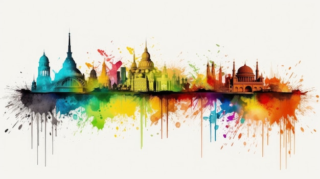 A colorful skyline of india with different colored buildings.