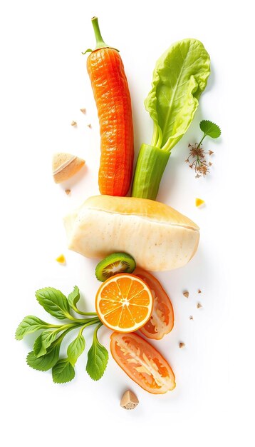 Photo colorful sliced fruits and vegetables with green leaves on a white background