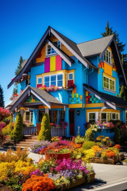 Photo colorful small house with lots of flowers in the front yard