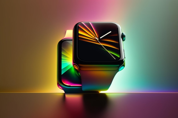 A colorful smart watch with a black band and a rainbow colored band.