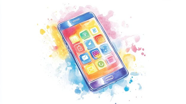 Photo colorful smartphone with app icons displayed against a watercolor splash background showcasing modern technology and digital interaction