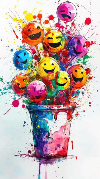 Photo colorful smiley face balloons in a watercolor cup