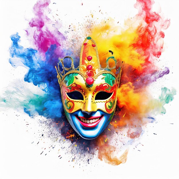 Colorful smiling carnival mask in an explosion of colors and colored smoke on a white background