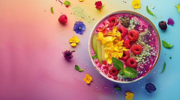 Photo colorful smoothie bowl with fresh fruit and flowers on a rainbow background