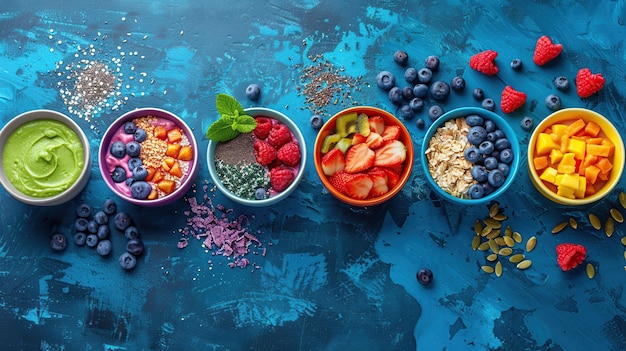 Photo colorful smoothie bowls with fruits and seeds