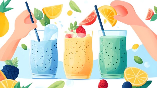 Colorful Smoothie Drinks with Fruit and Hands