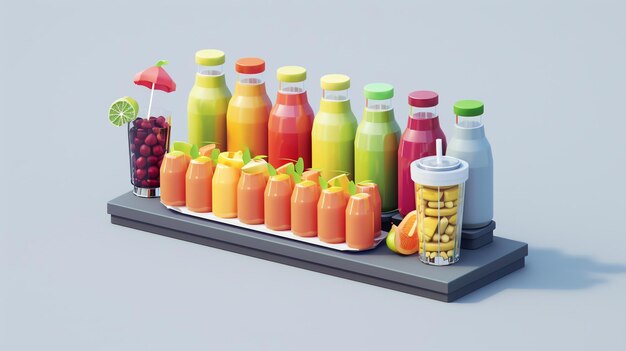 Photo colorful smoothie and juice bottles with a selection of tasty drinks on a counter