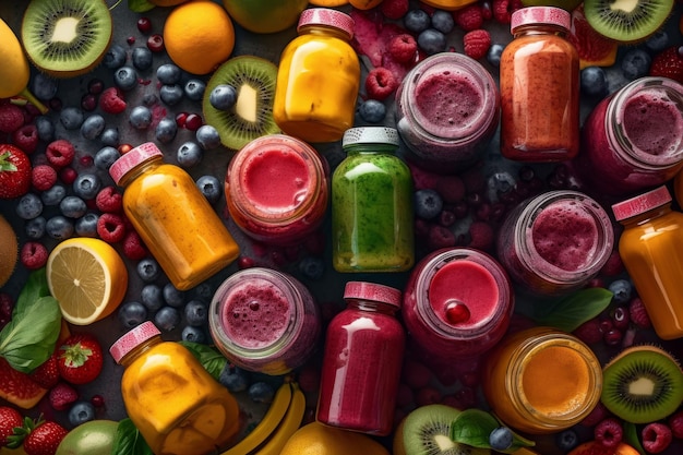 Colorful smoothies in bottles with some fruits around Created with generative AI technology