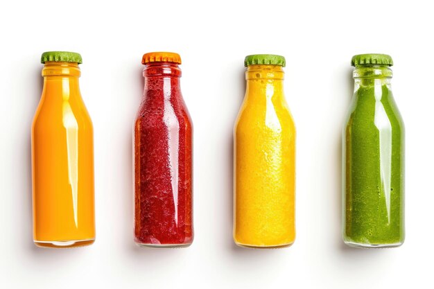 Photo colorful smoothies in glass bottles on white background