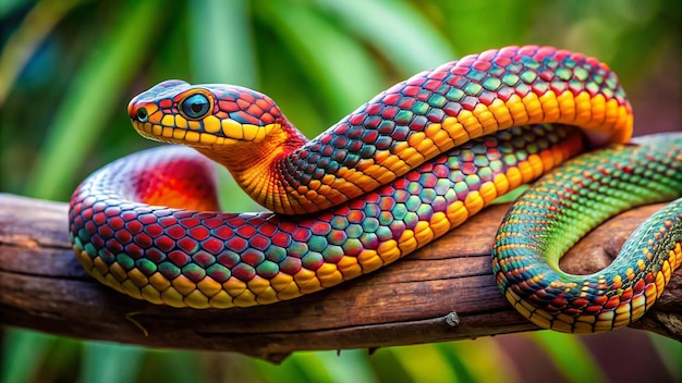 Photo a colorful snake with a red and blue face and a green head