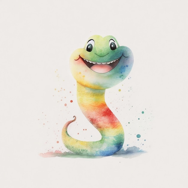 A colorful snake with a smile on its face is painted on a white background.