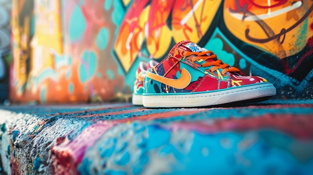 Photo colorful sneakers on graffiti background urban street scene