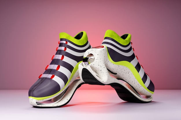 Colorful sneakers on the sole The concept of bright fashionable sneakers 3D rendering