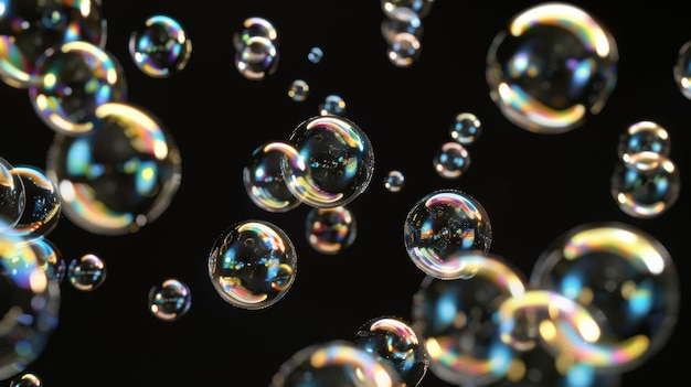 Colorful soap bubbles on a black background closeup abstract concept