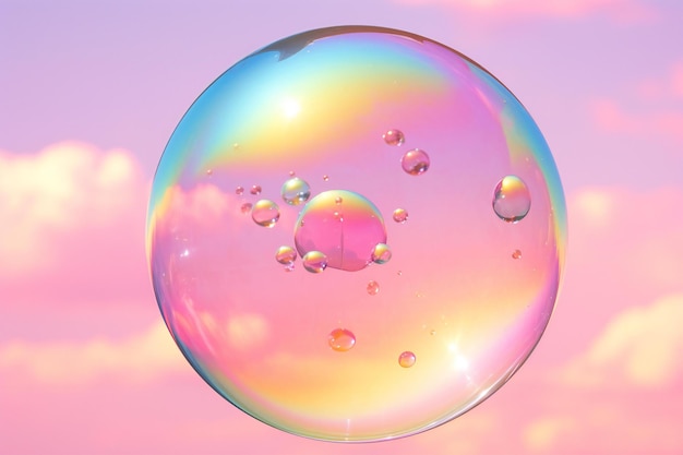 Colorful soap bubbles on pink sky background Abstract colorful background