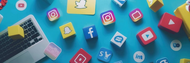 Colorful social media icons on a blue background with a laptop in the corner convey a modern vibe and connection between digital marketing and social media Generative AI